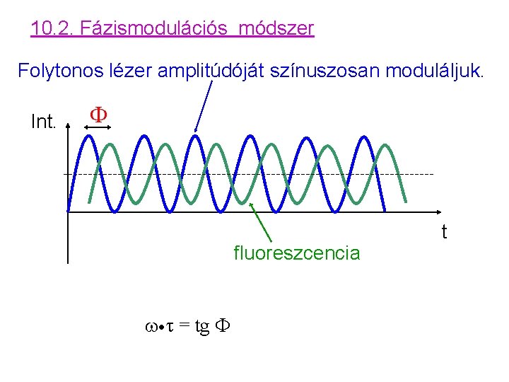 10. 2. Fázismodulációs módszer Folytonos lézer amplitúdóját színuszosan moduláljuk. Int. F fluoreszcencia ·t =