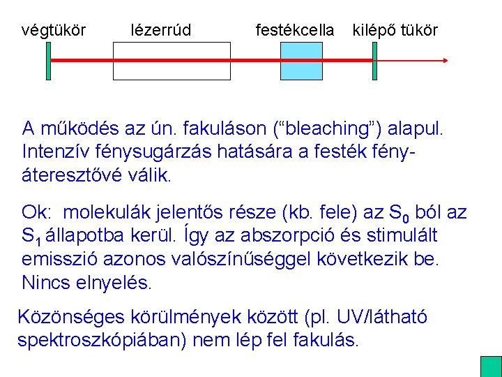 végtükör lézerrúd festékcella kilépő tükör A működés az ún. fakuláson (“bleaching”) alapul. Intenzív fénysugárzás