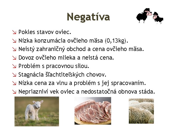 Negatíva ↘ Pokles stavov oviec. ↘ Nízka konzumácia ovčieho mäsa (0, 13 kg). ↘