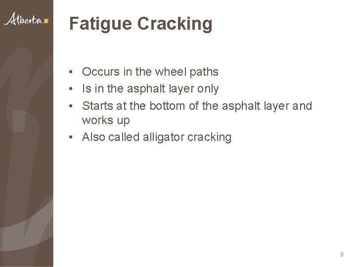 Fatigue Cracking • Occurs in the wheel paths • Is in the asphalt layer