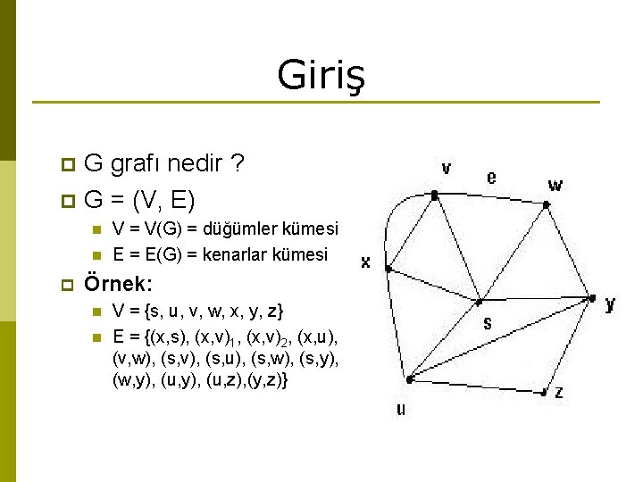 Giriş G grafı nedir ? p G = (V, E) p n n p