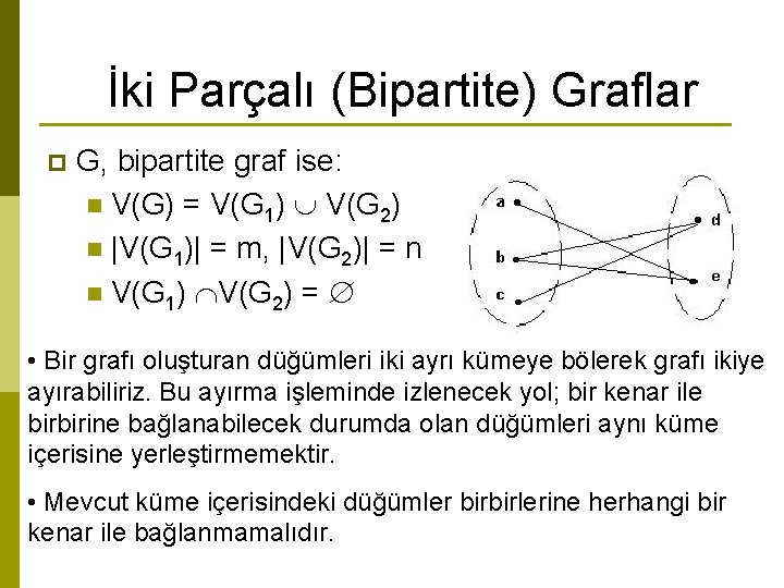 İki Parçalı (Bipartite) Graflar p G, bipartite graf ise: n V(G) = V(G 1)
