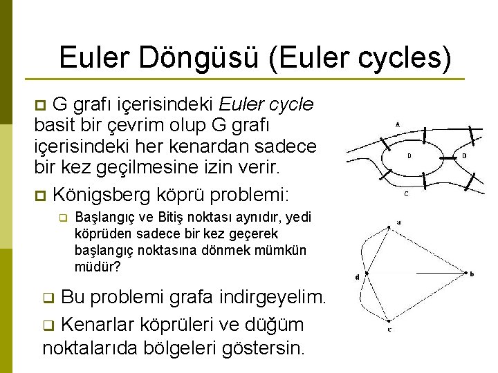 Euler Döngüsü (Euler cycles) G grafı içerisindeki Euler cycle basit bir çevrim olup G
