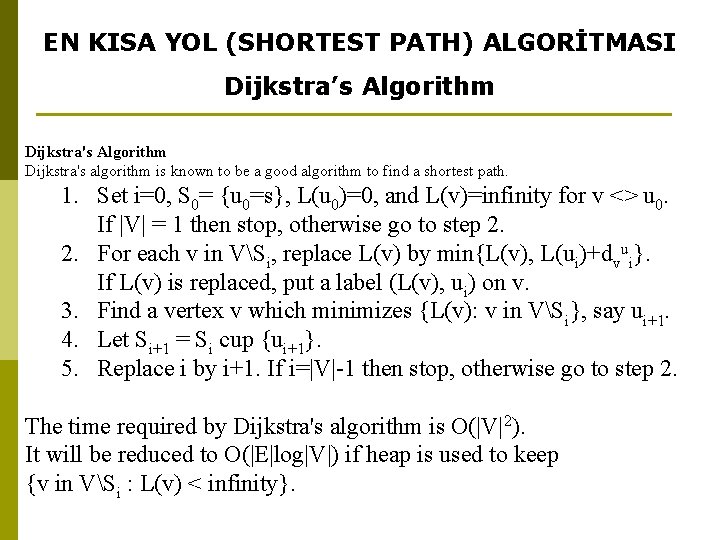 EN KISA YOL (SHORTEST PATH) ALGORİTMASI Dijkstra’s Algorithm Dijkstra's algorithm is known to be