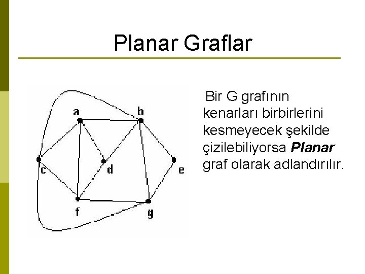 Planar Graflar Bir G grafının kenarları birbirlerini kesmeyecek şekilde çizilebiliyorsa Planar graf olarak adlandırılır.