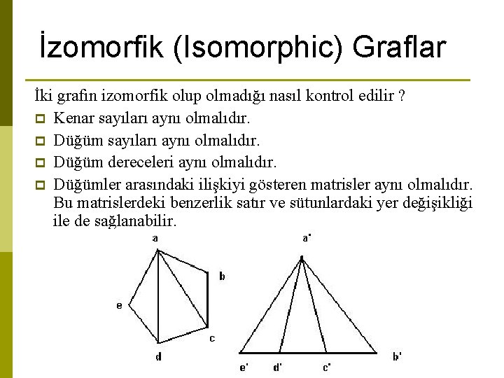 İzomorfik (Isomorphic) Graflar İki grafın izomorfik olup olmadığı nasıl kontrol edilir ? p Kenar