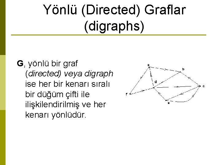 Yönlü (Directed) Graflar (digraphs) G, yönlü bir graf (directed) veya digraph ise her bir