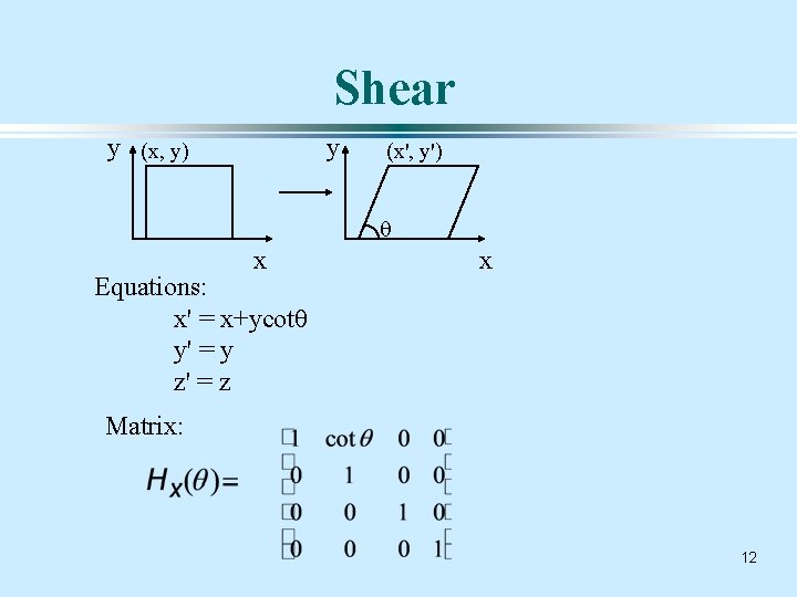 Shear y (x, y) y (x', y') q x Equations: x' = x+ycotq y'