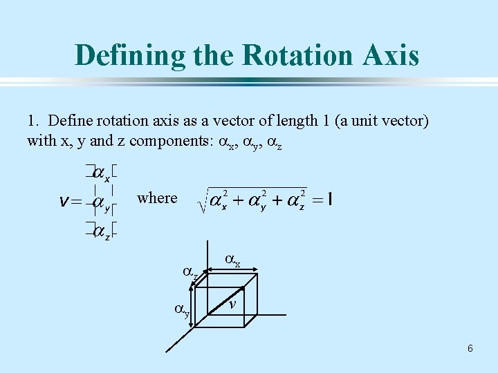 Defining the Rotation Axis 1. Define rotation axis as a vector of length 1
