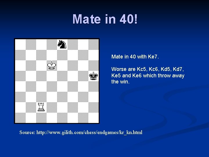 Mate in 40! Mate in 40 with Ke 7. Worse are Kc 5, Kc