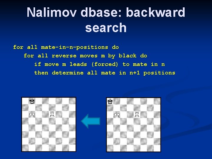 Nalimov dbase: backward search for all mate-in-n-positions do for all reverse moves m by