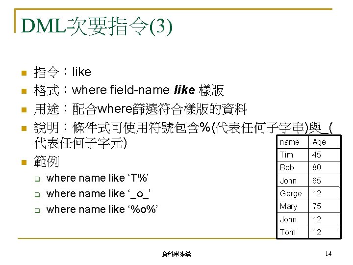 DML次要指令(3) 指令：like 格式：where field-name like 樣版 用途：配合where篩選符合樣版的資料 說明：條件式可使用符號包含%(代表任何子字串)與_( name Age 代表任何子字元) Tim 45 範例