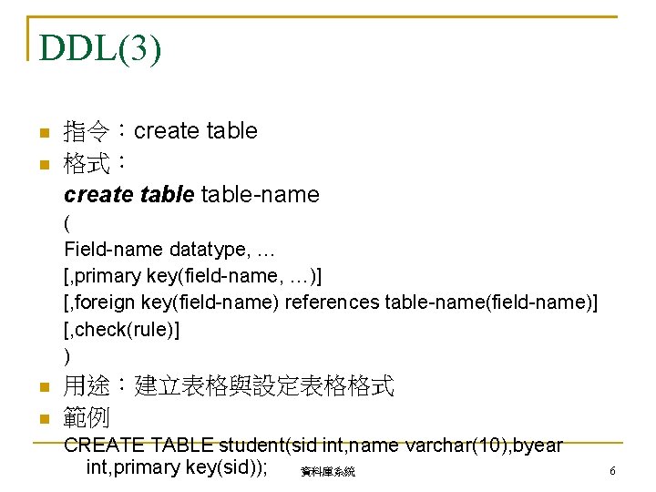 DDL(3) 指令：create table 格式： create table-name ( Field-name datatype, … [, primary key(field-name, …)]