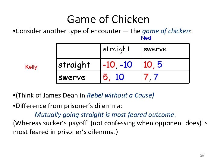 Game of Chicken • Consider another type of encounter — the game of chicken: