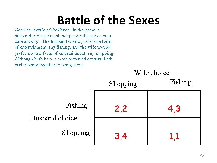 Battle of the Sexes Consider Battle of the Sexes. In the game, a husband