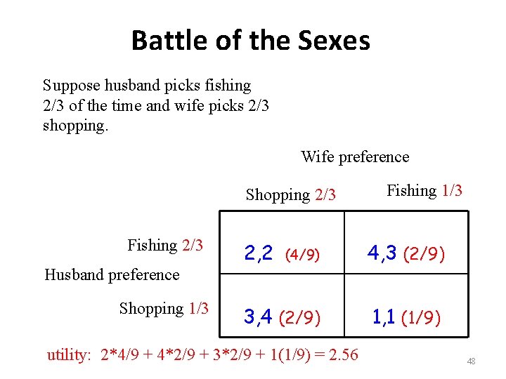 Battle of the Sexes Suppose husband picks fishing 2/3 of the time and wife