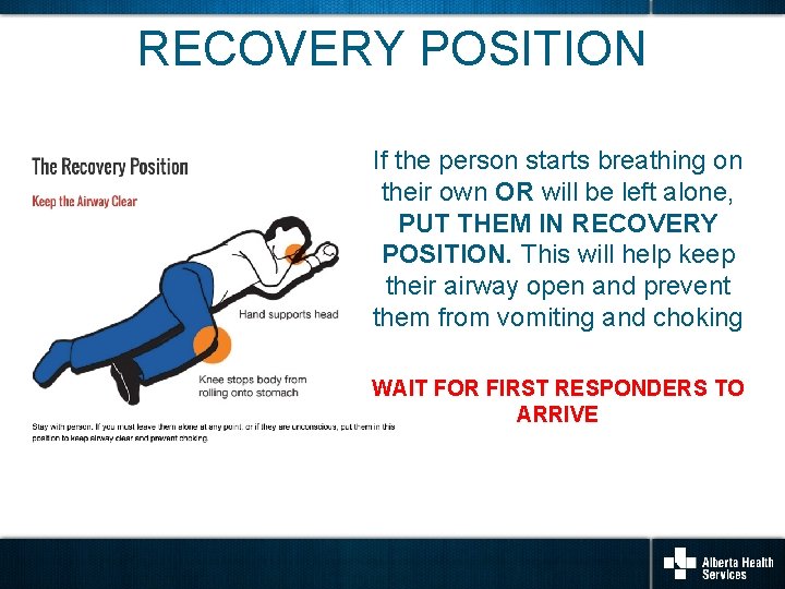 RECOVERY POSITION If the person starts breathing on their own OR will be left