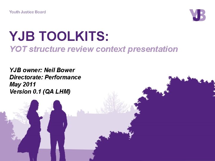 YJB TOOLKITS: YOT structure review context presentation YJB owner: Neil Bower Directorate: Performance May