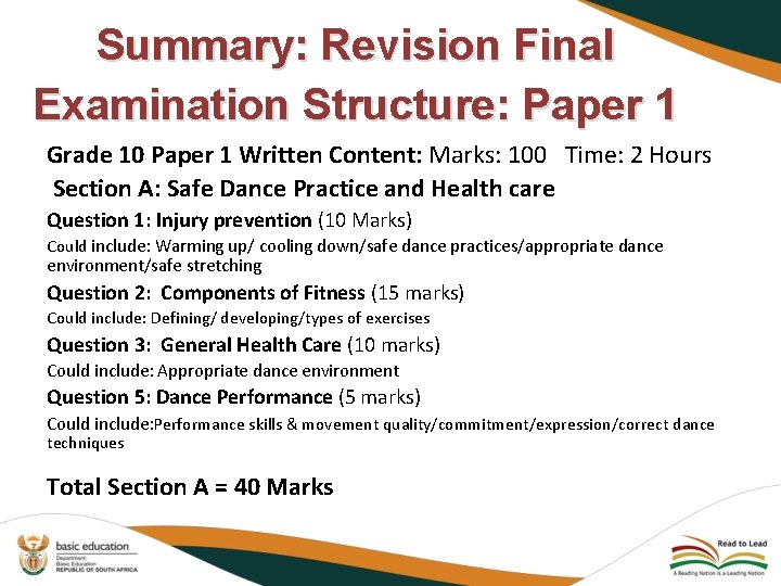 Summary: Revision Final Examination Structure: Paper 1 Grade 10 Paper 1 Written Content: Marks: