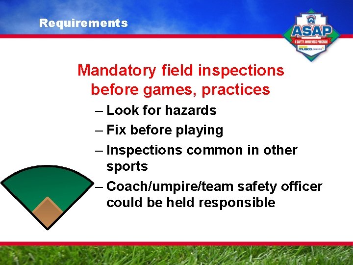 Requirements Mandatory field inspections before games, practices – Look for hazards – Fix before