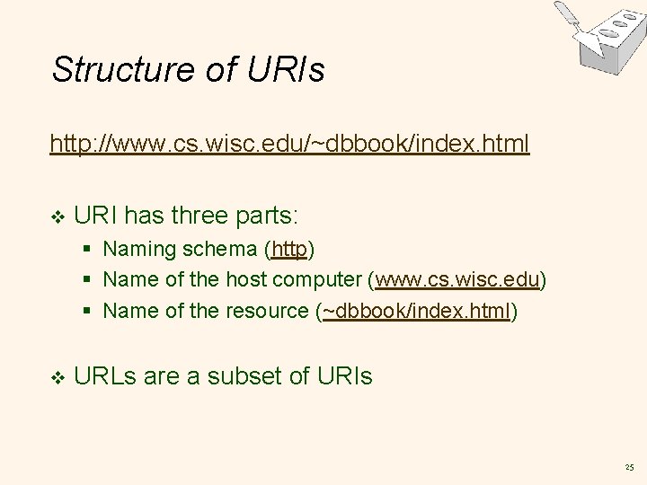 Structure of URIs http: //www. cs. wisc. edu/~dbbook/index. html v URI has three parts: