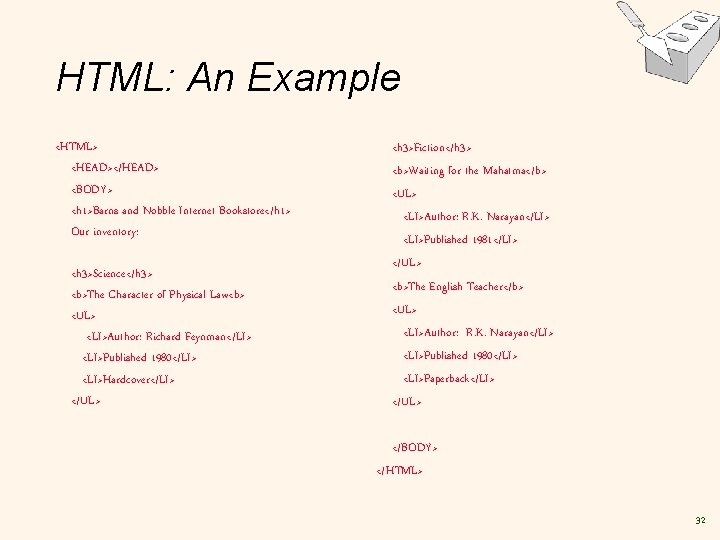 HTML: An Example <HTML> <HEAD></HEAD> <BODY> <h 1>Barns and Nobble Internet Bookstore</h 1> Our