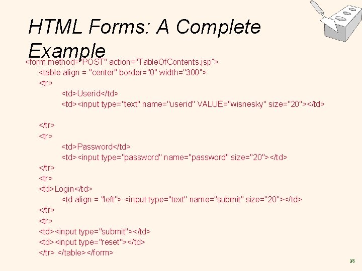 HTML Forms: A Complete Example <form method="POST" action="Table. Of. Contents. jsp”> <table align =