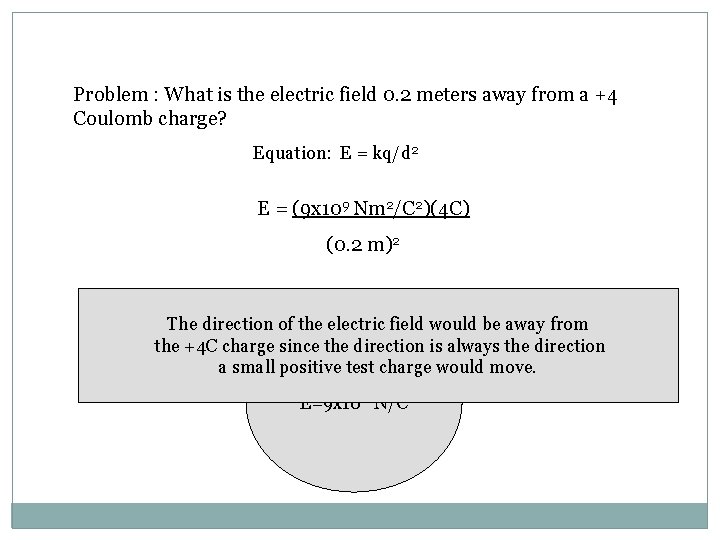 Problem : What is the electric field 0. 2 meters away from a +4