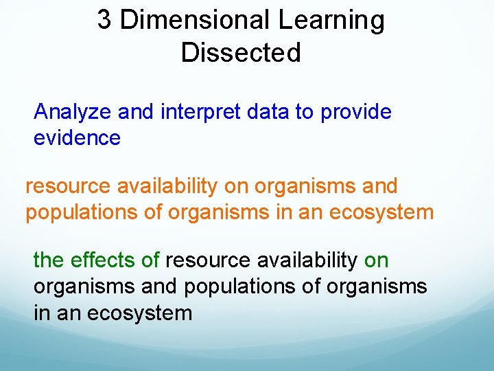 3 Dimensional Learning Dissected Analyze and interpret data to provide evidence resource availability on