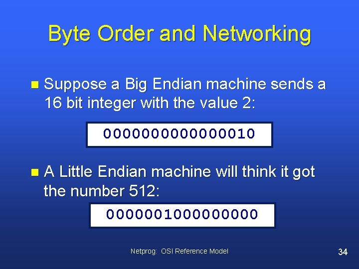 Byte Order and Networking n Suppose a Big Endian machine sends a 16 bit