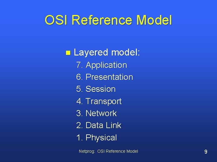 OSI Reference Model n Layered model: 7. Application 6. Presentation 5. Session 4. Transport