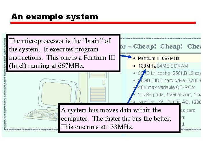 An example system The microprocessor is the “brain” of the system. It executes program