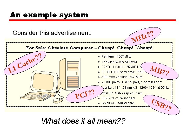 An example system Consider this advertisement: M ? ? e ch a C 1