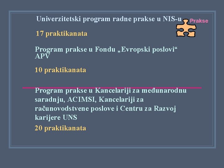 Univerzitetski program radne prakse u NIS-u 17 praktikanata Program prakse u Fondu „Evropski poslovi“