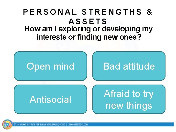 PERSONAL STRENGTHS & ASSETS How am I exploring or developing my interests or finding