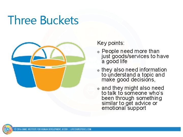 Three Buckets Key points: ¥ People need more than just goods/services to have a