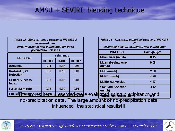 AMSU + SEVIRI: blending technique Table 12 - Multi-category scores of PR-OBS-3 evaluated over