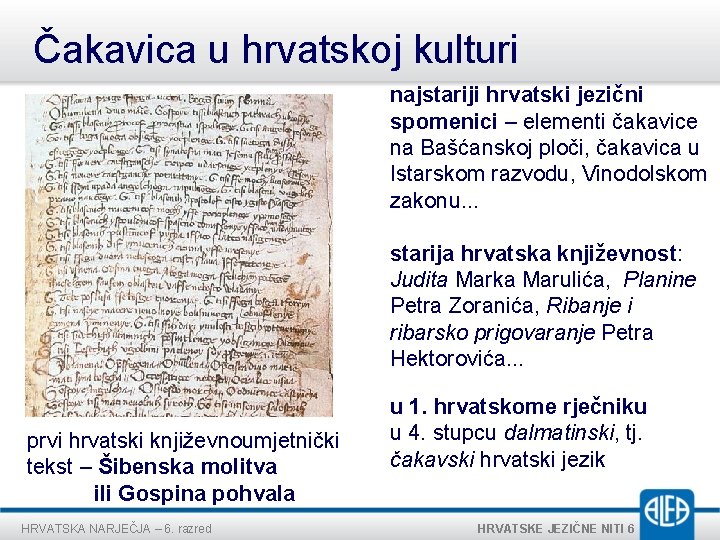 Čakavica u hrvatskoj kulturi najstariji hrvatski jezični spomenici – elementi čakavice na Bašćanskoj ploči,