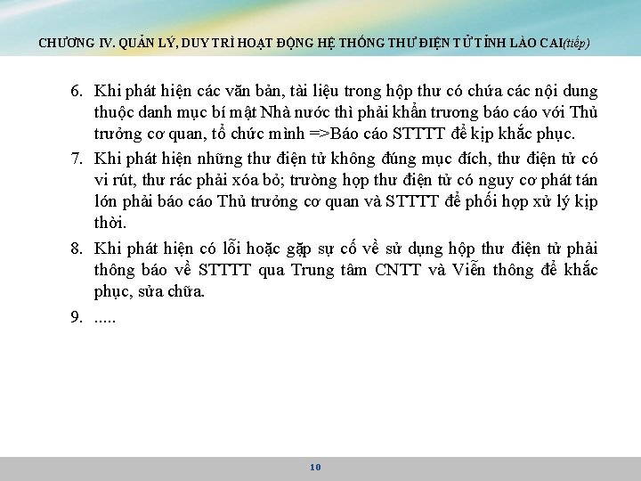 CHƯƠNG IV. QUẢN LÝ, DUY TRÌ HOẠT ĐỘNG HỆ THỐNG THƯ ĐIỆN TỬ TỈNH