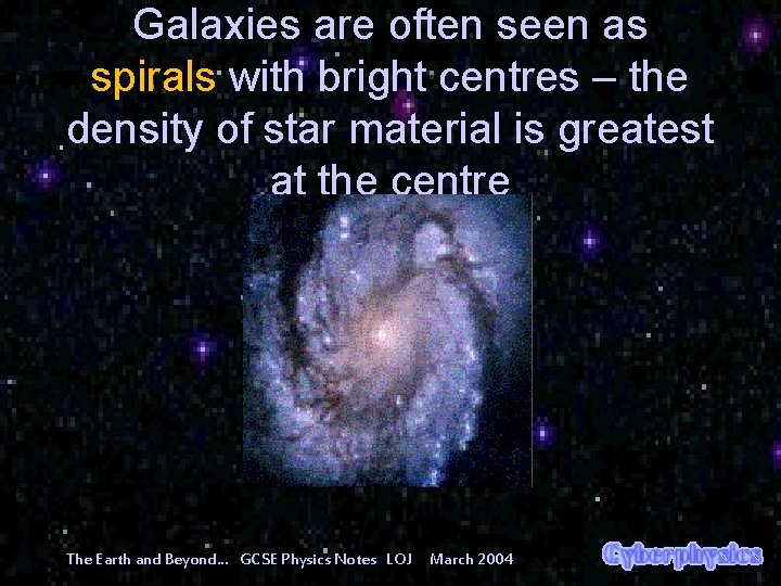 Galaxies are often seen as spirals with bright centres – the density of star