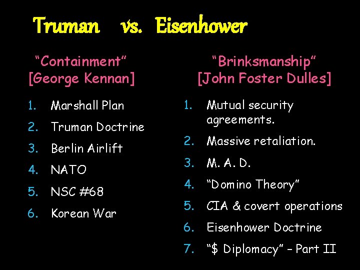 Truman vs. Eisenhower “Containment” [George Kennan] 1. Marshall Plan 2. Truman Doctrine 3. Berlin