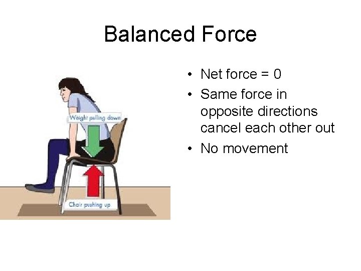 Balanced Force • Net force = 0 • Same force in opposite directions cancel