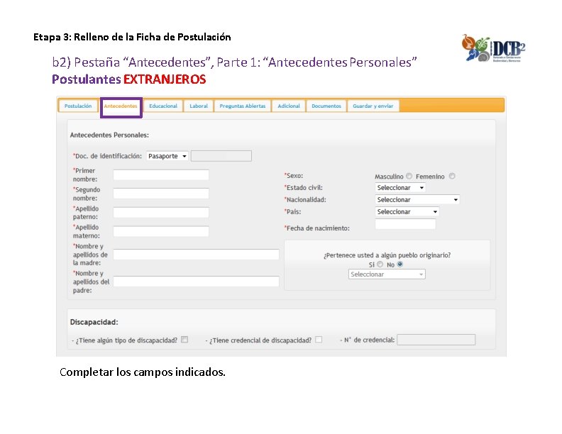 Etapa 3: Relleno de la Ficha de Postulación b 2) Pestaña “Antecedentes”, Parte 1: