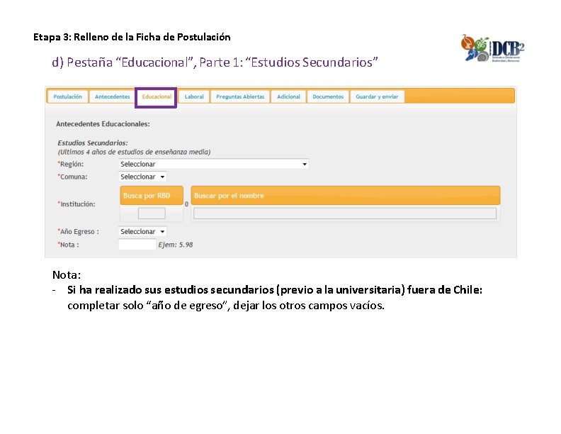 Etapa 3: Relleno de la Ficha de Postulación d) Pestaña “Educacional”, Parte 1: “Estudios