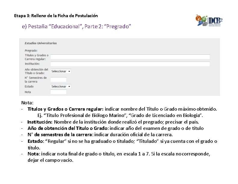 Etapa 3: Relleno de la Ficha de Postulación e) Pestaña “Educacional”, Parte 2: “Pregrado”