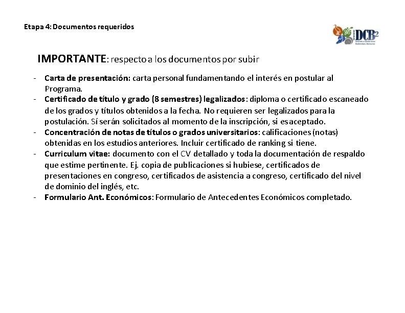 Etapa 4: Documentos requeridos IMPORTANTE: respecto a los documentos por subir - Carta de