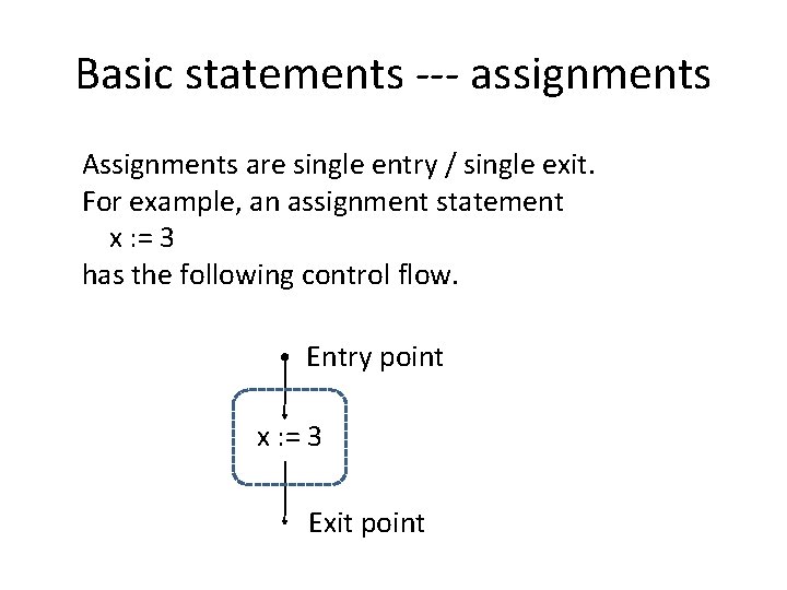 Basic statements --- assignments Assignments are single entry / single exit. For example, an