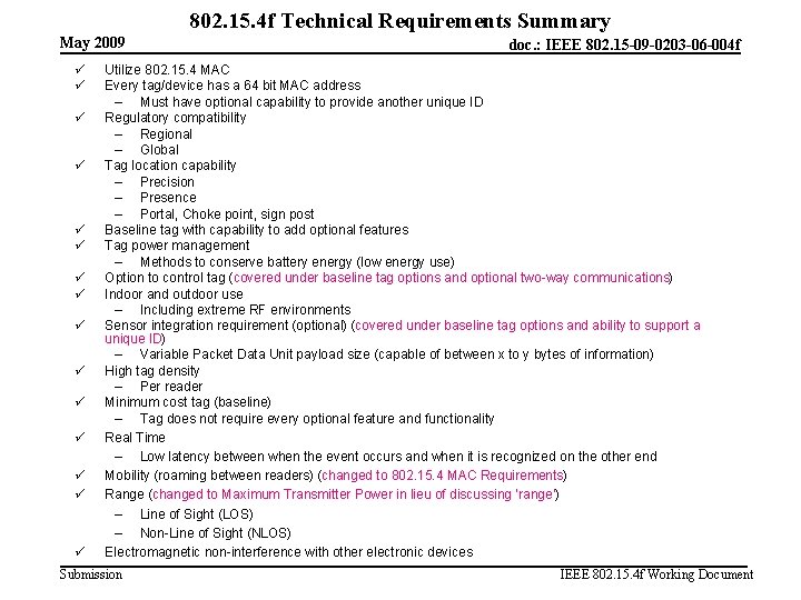 802. 15. 4 f Technical Requirements Summary May 2009 ü ü ü ü doc.