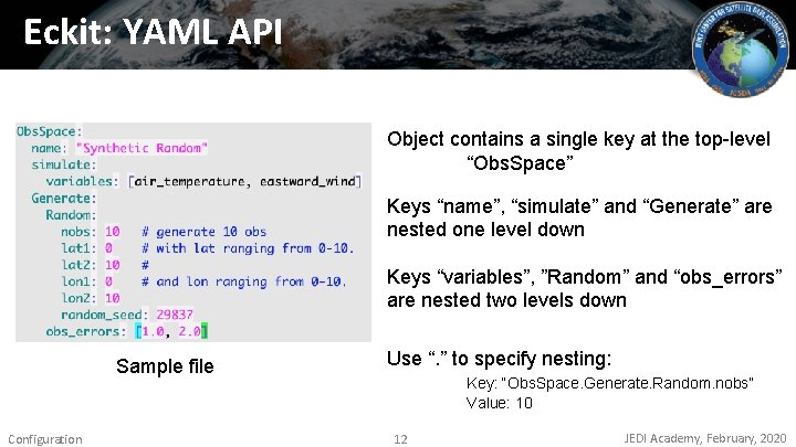 Eckit: YAML API Object contains a single key at the top-level “Obs. Space” Keys