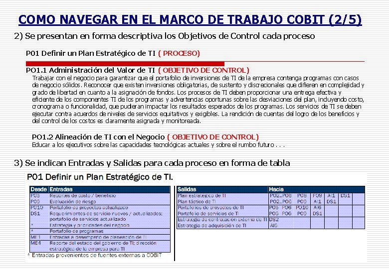 COMO NAVEGAR EN EL MARCO DE TRABAJO COBIT (2/5) 2) Se presentan en forma